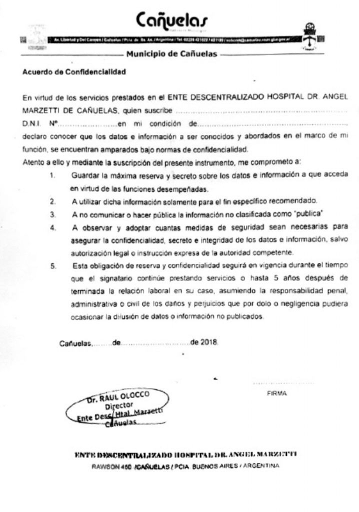 CAÑUELAS: El Hospital Marzetti hará que sus empleados firmen un acuerdo de confidencialidad 5