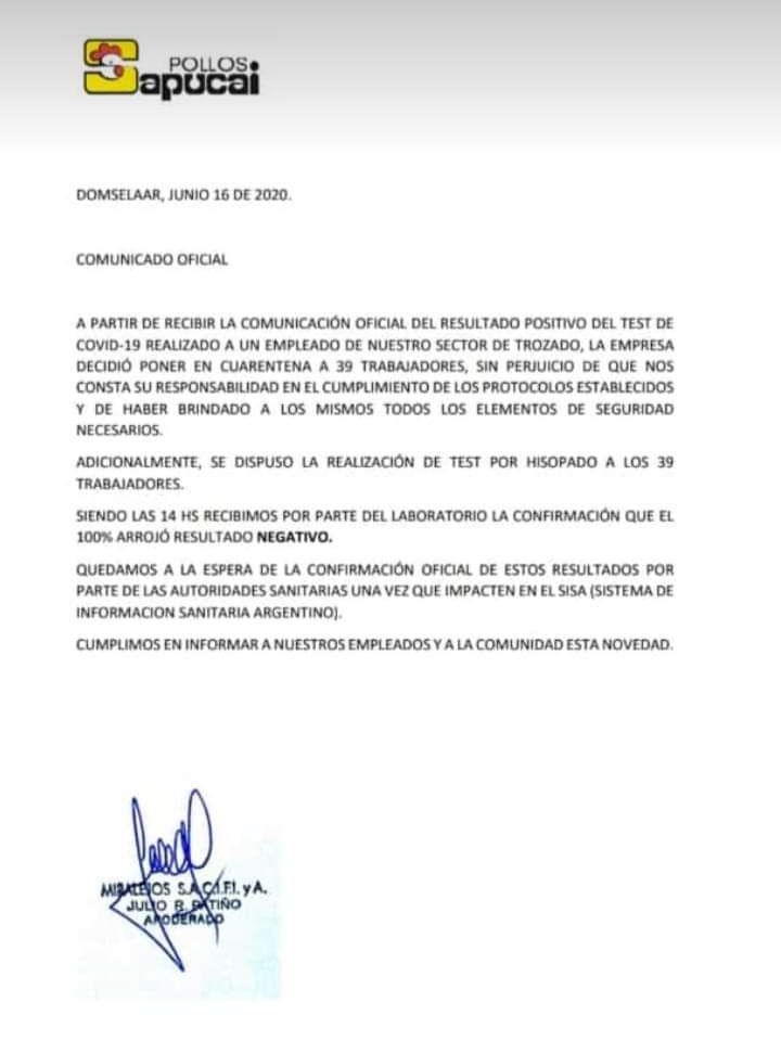 Coronavirus en Sapucai Domselaar: los 39 hisopados dieron negativo 2