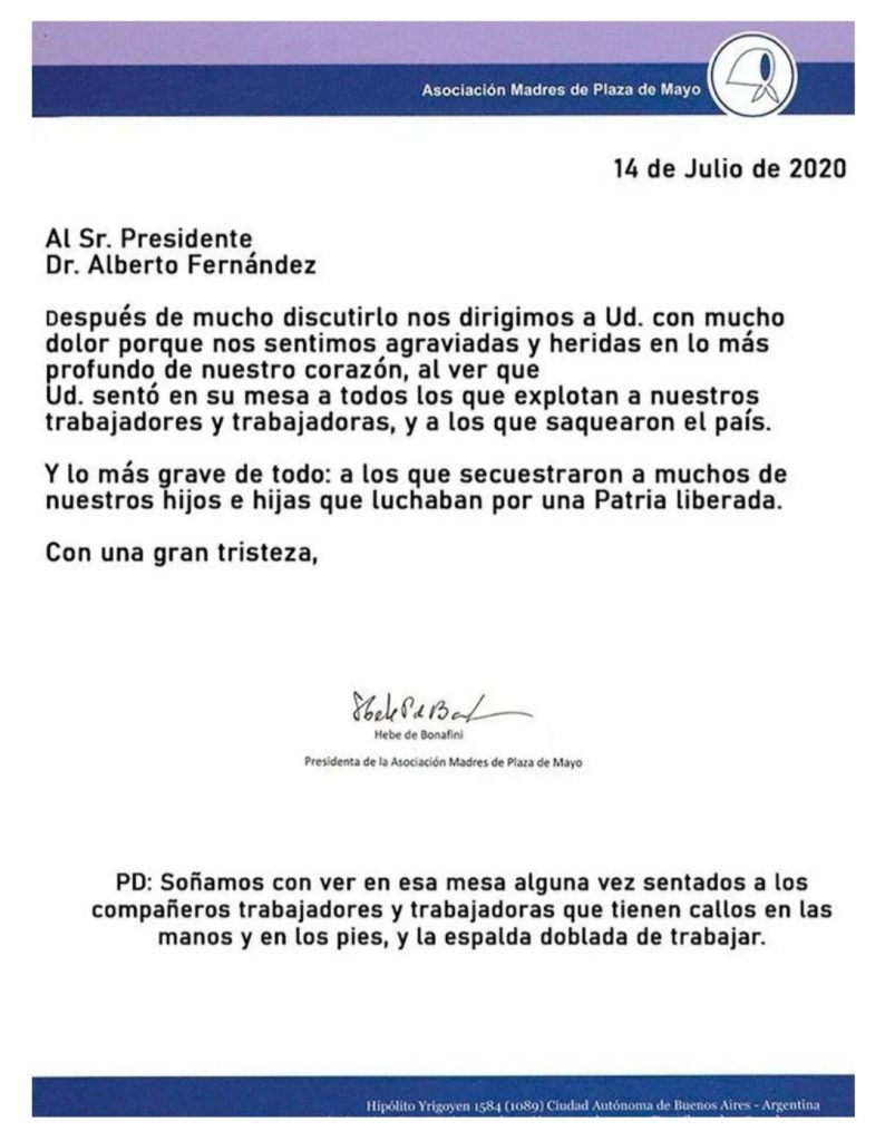 Duras críticas de Bonafini al presidente por la convocatoria a los empresarios para el 9 de julio 2