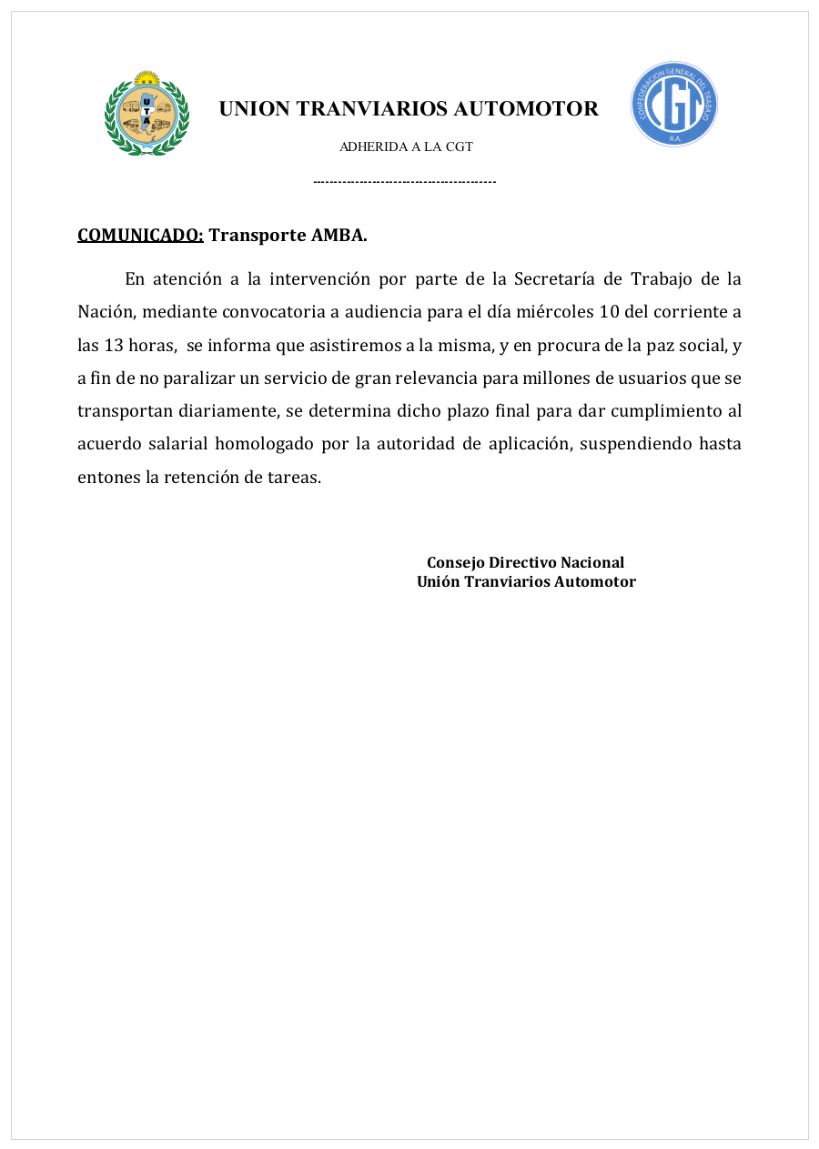 La UTA pospuso el paro de colectivos en AMBA y negociarán hasta el miércoles 4