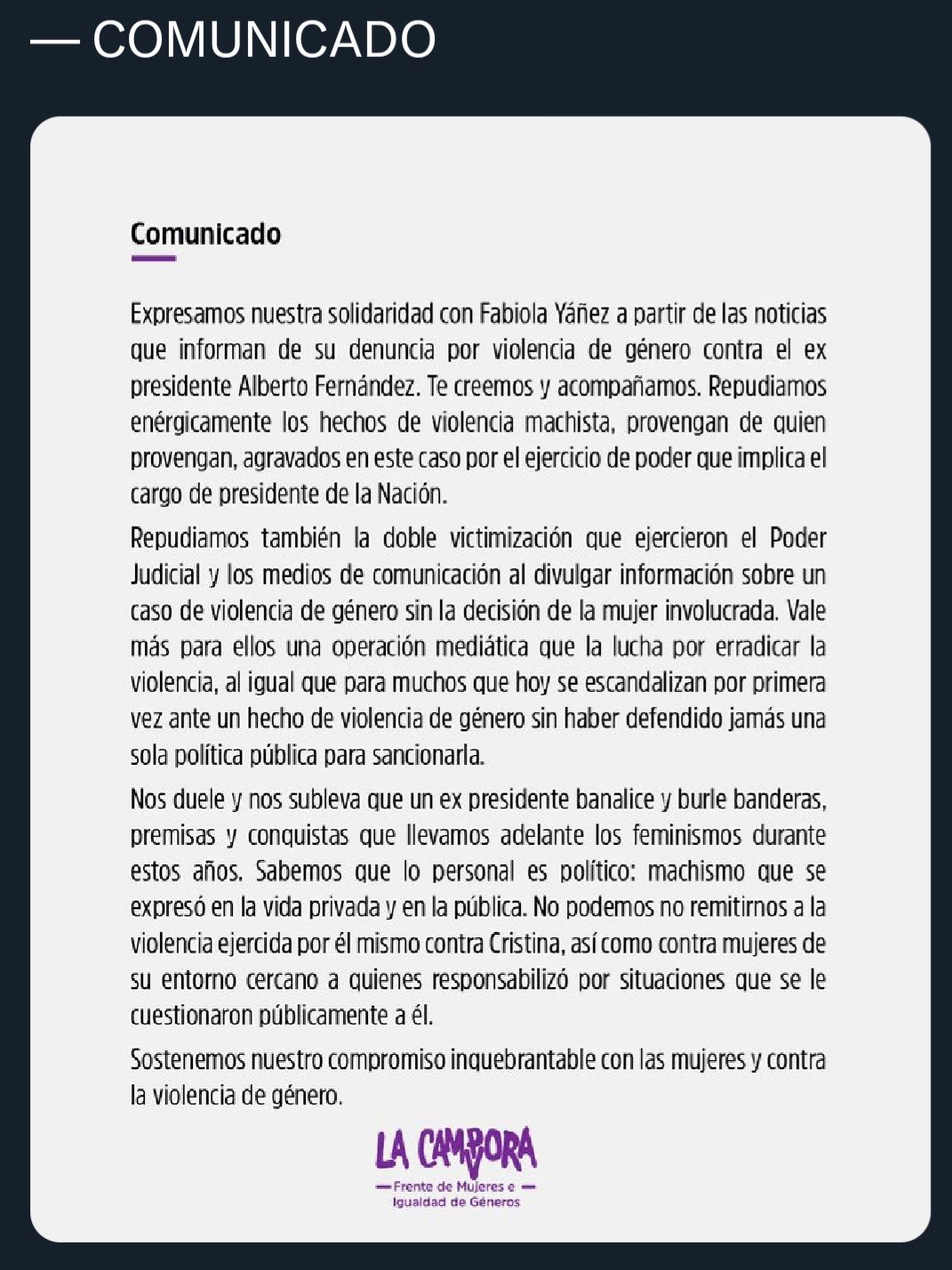 La Cámpora se solidarizó con Fabiola y acusó a Alberto de haber ejercido violencia contra Cristina 4